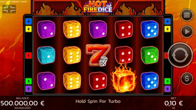 Hot Fire Dice - tela de jogo com setes em chamas